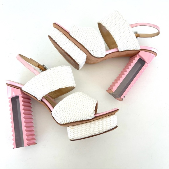 APERLAI Paris White Wicker Style Pink Leather Ankle Strap  Lucite Heel Sz 38 - Picture 8 of 15